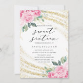 金ゴールドグリッターピンクローズSweet sixteen16誕生日 招待状 (正面)