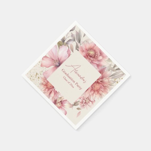 金ゴールドグリッターピンク水色フローラ卒業 スタンダードカクテルナプキン (角)