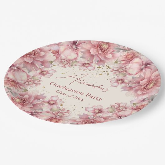 金ゴールドグリッターピンク水色フローラ卒業 ペーパープレート (アングル)