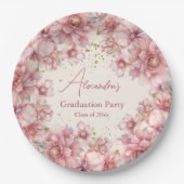 金ゴールドグリッターピンク水色フローラ卒業 ペーパープレート (正面)