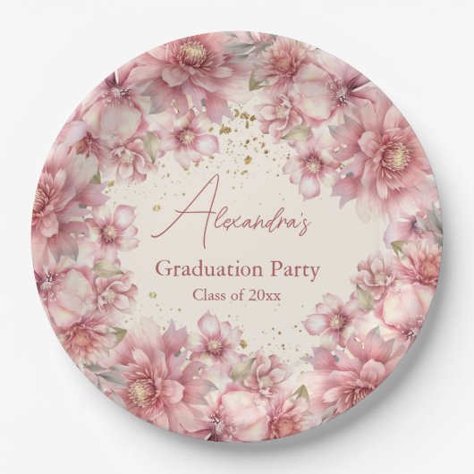 金ゴールドグリッターピンク水色フローラ卒業 ペーパープレート (正面)
