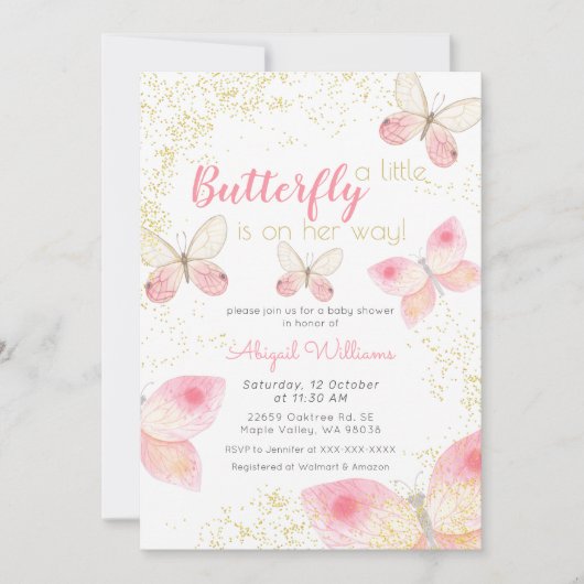 金ゴールドグリッターピンク蝶ガールベビーシャワー 招待状 (正面)