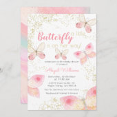 金ゴールドグリッターピンク蝶ガールベビーシャワー 招待状 (正面/裏面)