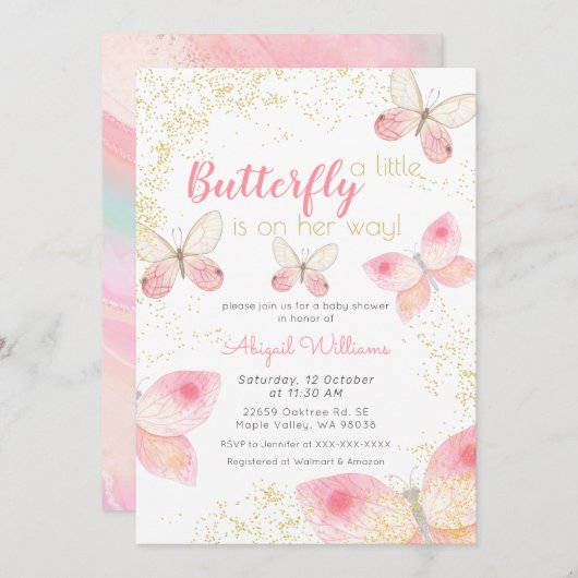 金ゴールドグリッターピンク蝶ガールベビーシャワー 招待状 (正面/裏面)