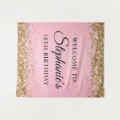 金ゴールドグリッターピンク18thバースデーパーティーへようこそ タペストリー (正面(横))