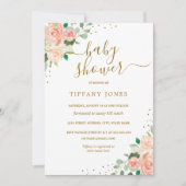 金ゴールドグリッターピーチフローラガールベビーシャワー招待状 招待状 (正面)
