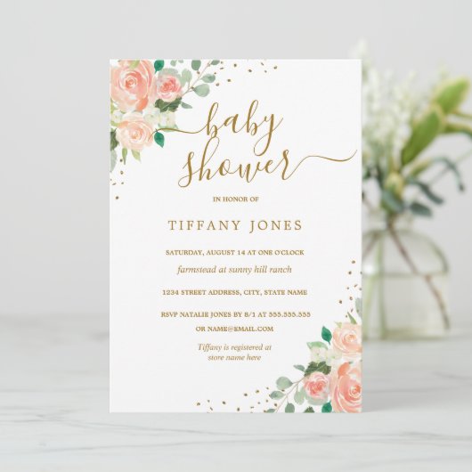 金ゴールドグリッターピーチフローラガールベビーシャワー招待状 招待状 (スタンド正面)