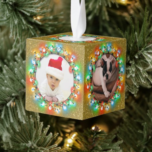 金ゴールドグリッターファイブフォトクリスマスホリデーススクエア キューブオーナメント (ツリー)