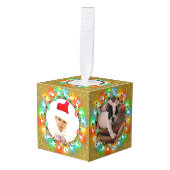 金ゴールドグリッターファイブフォトクリスマスホリデーススクエア キューブオーナメント (正面アングル)