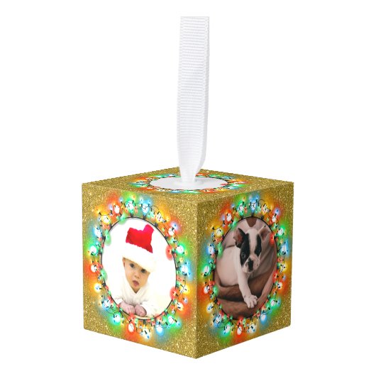 金ゴールドグリッターファイブフォトクリスマスホリデーススクエア キューブオーナメント (正面アングル)