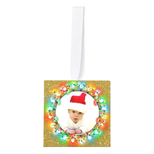 金ゴールドグリッターファイブフォトクリスマスホリデーススクエア キューブオーナメント (正面)