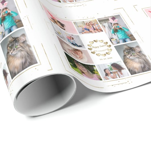 金ゴールドグリッターファミリーフォトコラージュハッピーイースター ラッピングペーパー (ロールコーナー)