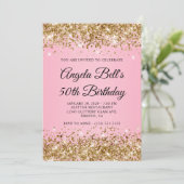 金ゴールドグリッターファンシーピンクモノグラム50誕生日 招待状 (スタンド正面)