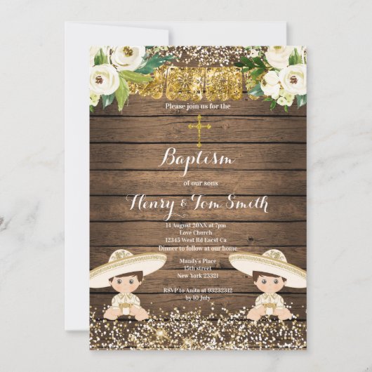 金ゴールドグリッターフィエスタボーイツインバプティスマ《キリスト教》洗礼式や命名式 招待状 (正面)