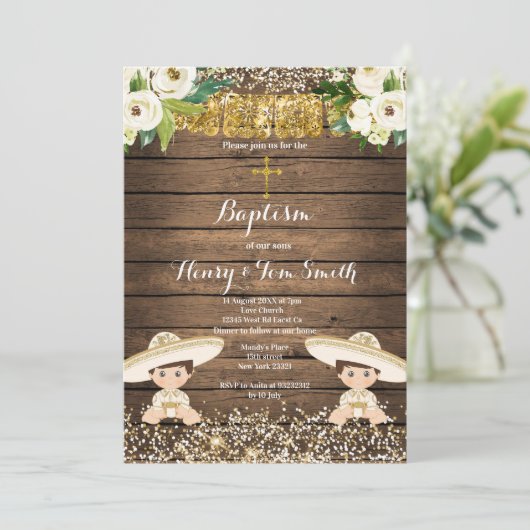 金ゴールドグリッターフィエスタボーイツインバプティスマ《キリスト教》洗礼式や命名式 招待状 (スタンド正面)