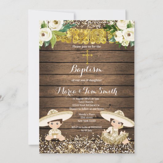 金ゴールドグリッターフィエスタボーイ&ガールバプティズム《キリスト教》洗礼式や命名式 招待状 (正面)