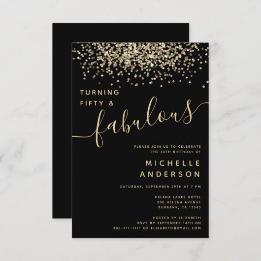 金ゴールドグリッターフィフティ&素晴らしい50th誕生日パーティー 招待状 (正面/裏面)