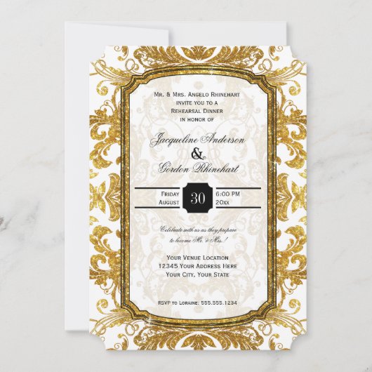 金ゴールドグリッターフェイクチケットヴィンテージリハーサルディナー 招待状 (正面)