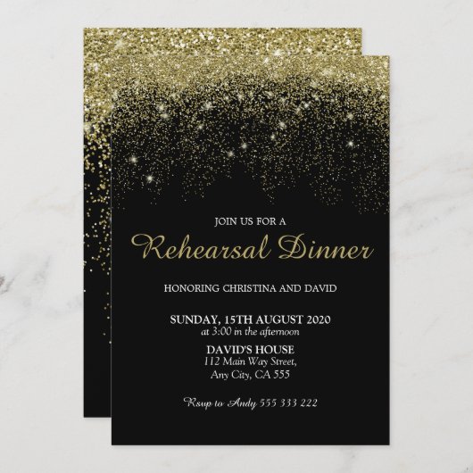 金ゴールドグリッターフェイク紙吹雪リハーサルディナー 招待状 (正面/裏面)