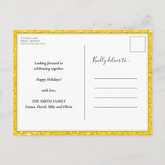 金ゴールドグリッターフェスティバルレッドクリスマスホリデーパーティー インビテーションポストカード (裏面)