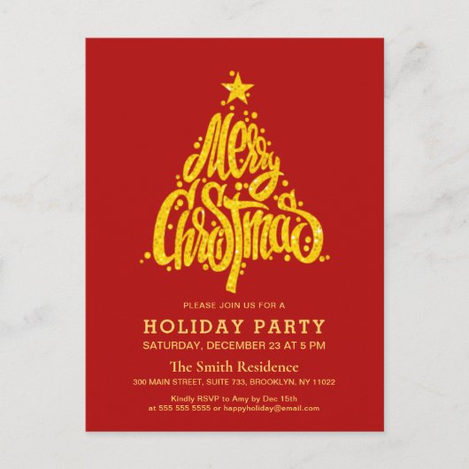 金ゴールドグリッターフェスティバルレッドクリスマスホリデーパーティー インビテーションポストカード (正面)