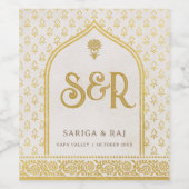 金ゴールドグリッターフォイルマリゴールド結婚フラワーズモノグラム ワインラベル (シングルラベル)