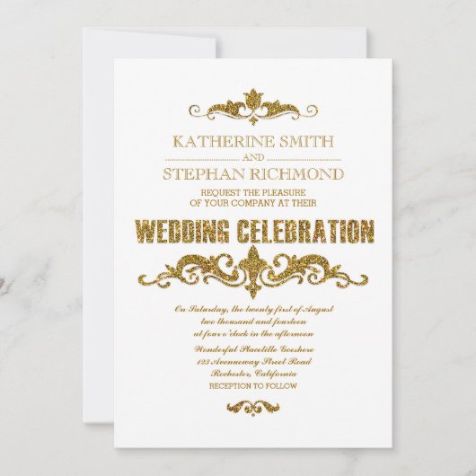 金ゴールドグリッターフォイル紙吹雪エレガントな結婚式招待状 招待状 (正面)