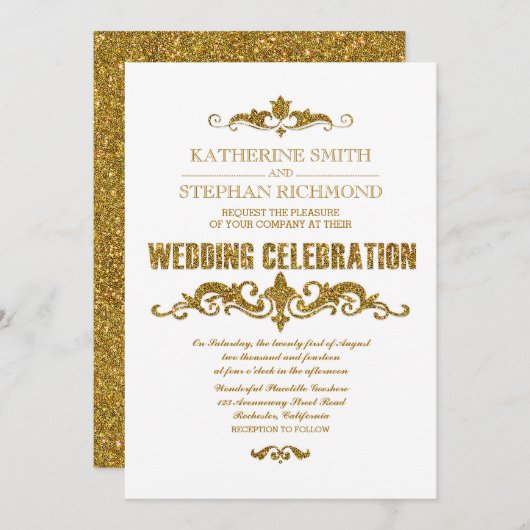 金ゴールドグリッターフォイル紙吹雪エレガントな結婚式招待状 招待状 (正面/裏面)
