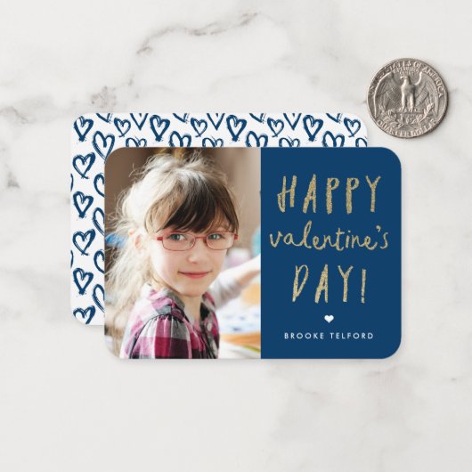 金ゴールドグリッターフォトクラスルームハッピーバレンタインデー ノートカード (正面/裏面インサイチュ)