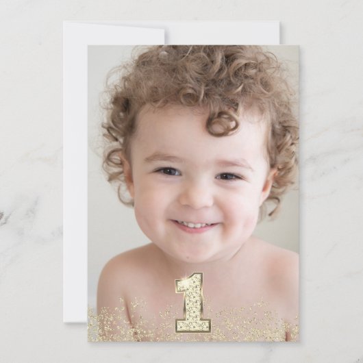 金ゴールドグリッターフォトボーイズ女の子1st誕生日パーティー 招待状 (正面)