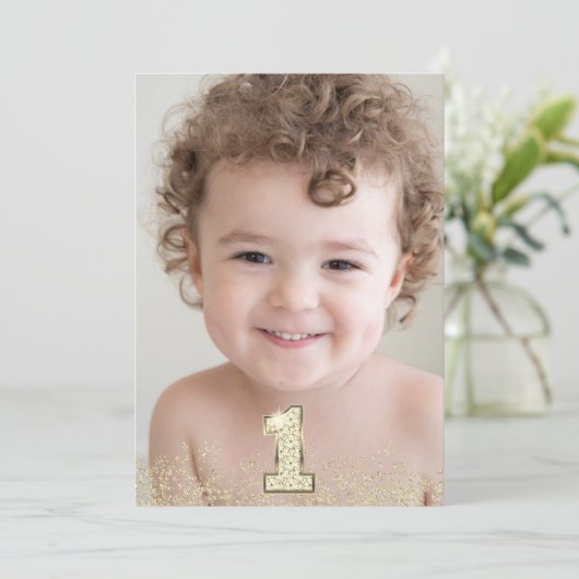 金ゴールドグリッターフォトボーイズ女の子1st誕生日パーティー 招待状 (スタンド正面)