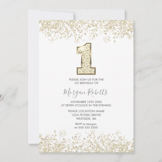 金ゴールドグリッターフォトボーイズ女の子1st誕生日パーティー 招待状 (裏面)