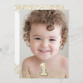 金ゴールドグリッターフォトボーイズ女の子1st誕生日パーティー 招待状 (正面/裏面)