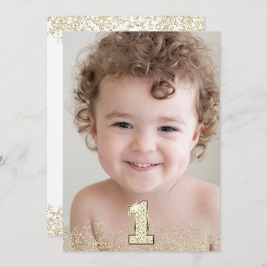 金ゴールドグリッターフォトボーイズ女の子1st誕生日パーティー 招待状 (正面/裏面)