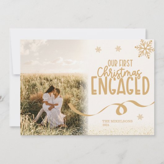 金ゴールドグリッターフォト初めてのクリスマス 婚約した シーズンカード (正面)