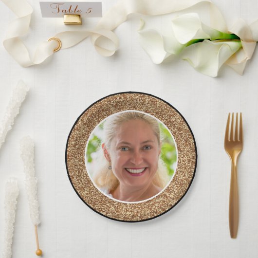 金ゴールドグリッターフォト誕生日 ペーパープレート (ウェディング)