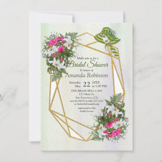 金ゴールドグリッターフラワーブーケブライダルシャワー 招待状 (正面)