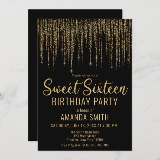 金ゴールドグリッターフリンジカーテンスウィート16招待状 招待状 (正面/裏面)