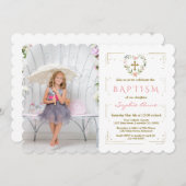 金ゴールドグリッターフレームクロスフローラガールフォトバプテスマ 招待状 (正面/裏面)