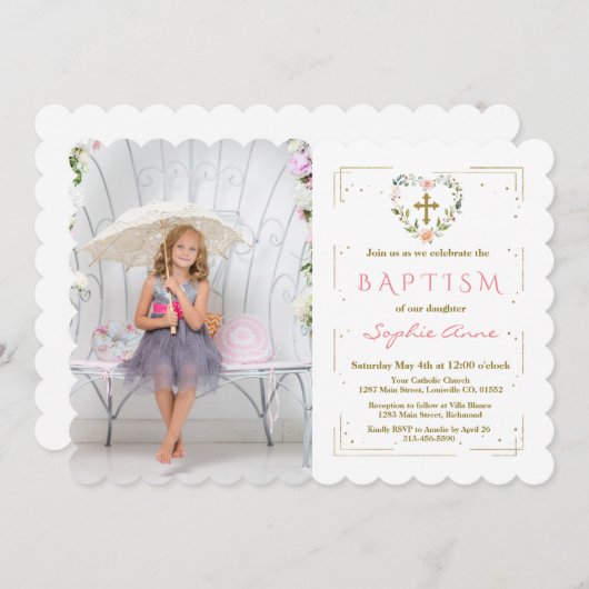 金ゴールドグリッターフレームクロスフローラガールフォトバプテスマ 招待状 (正面/裏面)