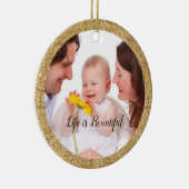 金ゴールドグリッターフレームパーソナライズされた写真と引用文 セラミックオーナメント (右)