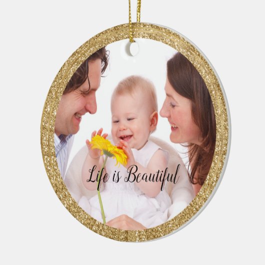 金ゴールドグリッターフレームパーソナライズされた写真と引用文 セラミックオーナメント (左)