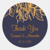 金ゴールドグリッターフローラのダークブルー結婚のサンキュー ラウンドシール (正面)
