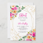 金ゴールドグリッターフローライラストレーション写真Sweet 16 招待状 (正面)