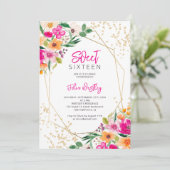 金ゴールドグリッターフローライラストレーション写真Sweet 16 招待状 (スタンド正面)