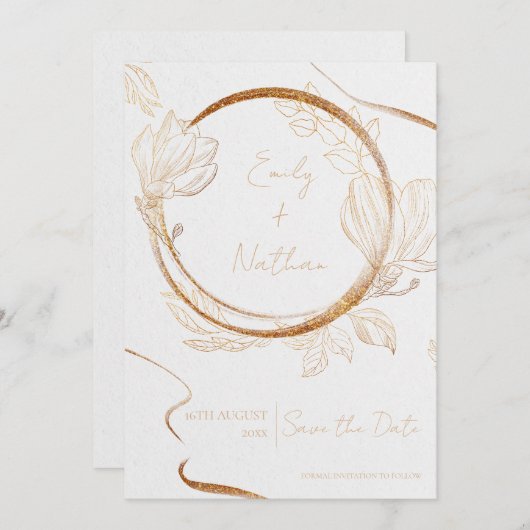 金ゴールドグリッターフローラエレガントな結婚式日付を保存 招待状 (正面/裏面)