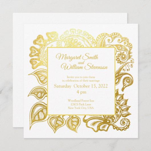 金ゴールドグリッターフローラオーナメント結婚式招待状 招待状 (正面/裏面)