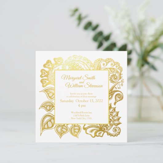 金ゴールドグリッターフローラオーナメント結婚式招待状 招待状 (スタンド正面)