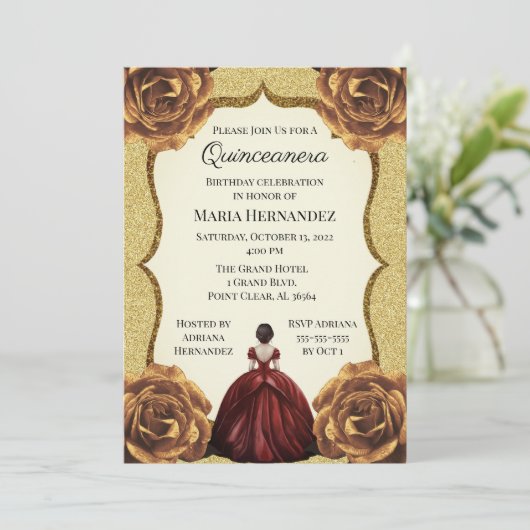 金ゴールドグリッターフローラキンセアニェラ誕生日 招待状 (スタンド正面)