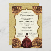 金ゴールドグリッターフローラキンセアニェラ誕生日 招待状 (正面/裏面)